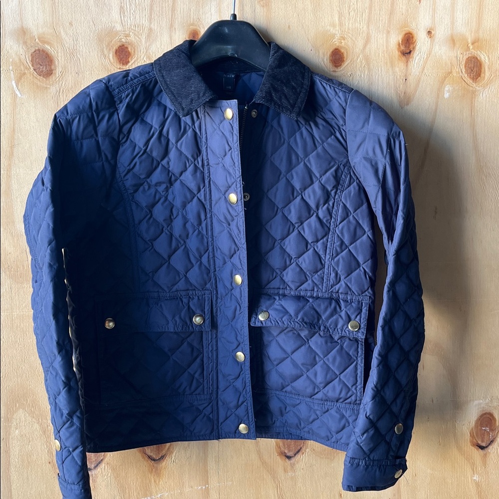 J. Crew Quilted Jacket in Navy Blue with Black Collar